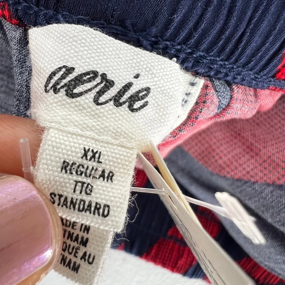 Aerie Women XXL Red Navy Blue Plaid Pajama Pants Wide Leg Sleepwear